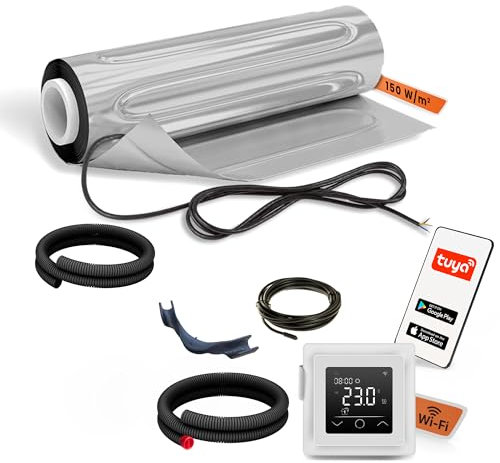 EH Expert AluPROFI -150 W/m²- 15 m² -Heizmatten-Set für schwimmende Bodenbeläge –Elektrische Fußbodenheizung für Vinyl, Laminat, Parkett– mit WLAN-Touchthermostat und Installationsmaterial (Weiß)
