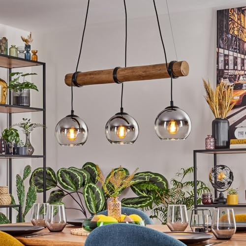 HOFSTEIN Pendelleuchte Koyoto, 3-flammige Hängelampe aus Metall/Holz/Glas in Schwarz/Natur/Rauch/Klar, Hängeleuchte Boho mit Glasschirmen, Holzbalken, max 150cm, E27, Esszimmer, Wohnzimmer, Küche