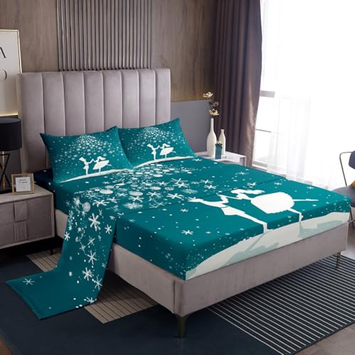 Homewish Teal White Snowflake Double Bed Sheets Set,Christmas Nutcracker Bedding Set Xmas Gifts for Kids Girls Boys,Winter Snow Sheets Christmas Ornaments Fitted Sheet Set 4Pcs
