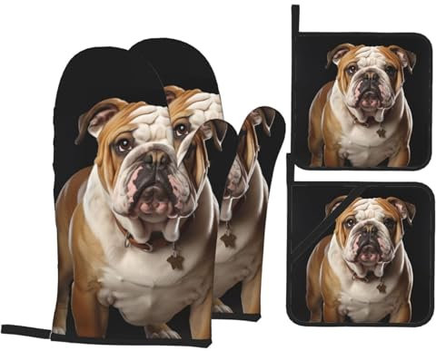 Ofenhandschuhe und Topflappen, hitzebeständig, Ofenhandschuhe und Topflappen, Grillhandschuhe, Hot Pads, Englische Bulldogge, Kochhandschuhe für Küche, Backen, Grillen, 4-teilig