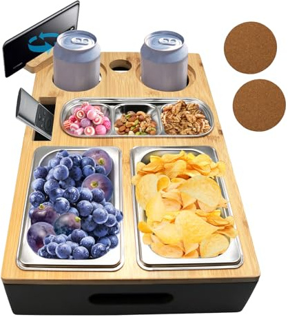 ACESOME Couchbar Snackbox, Couchbar Snackbox Personalisiert aus Holz und rostfreiem Stahl, 39 x 25 x 7cm Snackbar Couch Sofatablett, Couch bar Snackschale Couch Butler