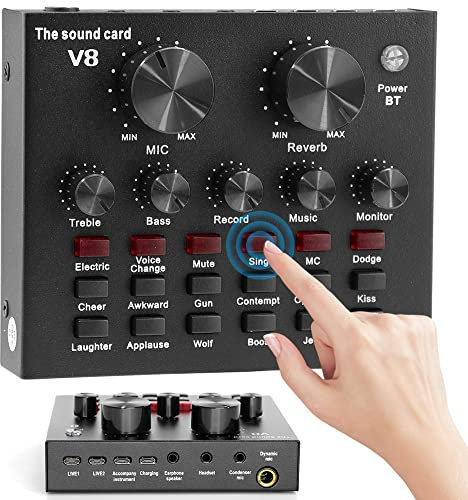 OLSKFUH Carte Son Bluetooth sans Fil Externe, Mixeur Audio Portable Universel avec Kit De Microphone pour Podcasting, Jeux, 6 Modes D'Effets, 112 Types D'Électroacousti,
