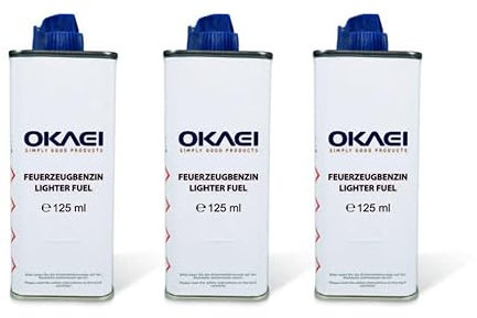OKAEI Feuerzeugbenzin 125 ml – Hochreines Benzin für Feuerzeuge & Stabfeuerzeuge – Saubere Verbrennung, Schnelles Zünden, Geringer Geruch – Packung mit 3 Stück – Made in EU