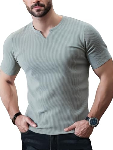 Yewloch Kortärmad och långärmad tröja med V-ringning, sport casual t-shirt, slim fit bastoppar, stretch muskelskjortor, affärsundertröjor, En grå, S