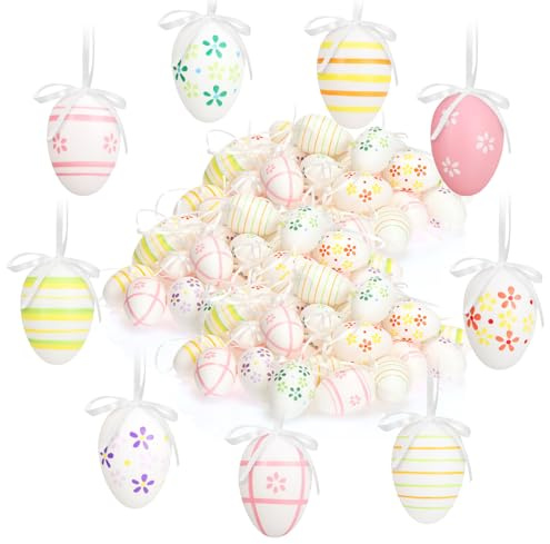 com-four® 108x handbemalte Ostereier zum Aufhängen 6 cm, pastellfarbene | bunte Deko-Eier mit Bändchen zum Anhängen