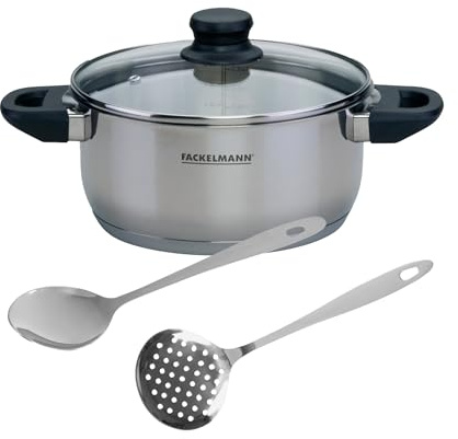 Fackelmann Set de Olla y Utensilios, incluye Olla Baja Acero Inoxidable 20 cm Fackelmann Geneva, Capacidad 2,8 Litros, Espumadera y Cucharón de Acero Inoxidable