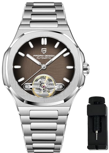 Orologio da uomo PAGANI DESIGN, PD-YS025, Carica automatica, Tourbillon scheletrato, Movimento meccanico, Lente sportiva in zaffiro, Bracciale in acciaio, Cassa 42 mm. (PD-Marrone)