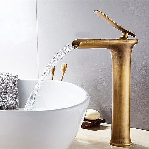 Rubinetto da bagno in rame antico alto a foro singolo alto rubinetto a cascata per lavabo da appoggio, design elegante e moderno, apparecchio durevole ed elegante per il bagno