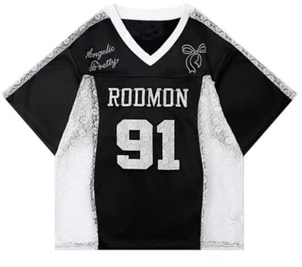 Sybnwnwm Camicie in jersey da donna con numeri grafici Y2k baggy camicie in jersey con scollo a V magliette magliette streetwear top per adolescenti ragazze, F-nero, L