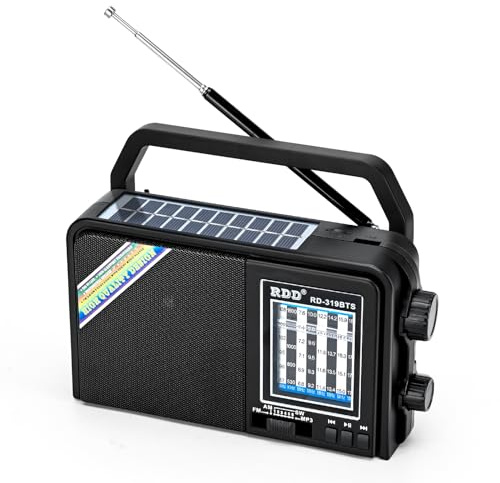 Radio FM Am SW portátil con Bluetooth, Panel Solar y antorcha, Reproductor de MP3 USB/TF, batería Recargable - Radio Digital con batería para casa y al Aire Libre (Sloar BT, platado)