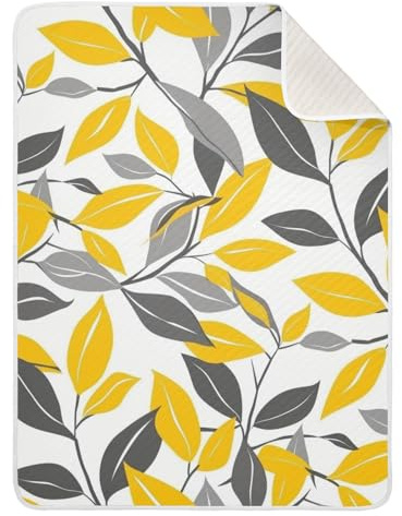 Amooorous Cobija de muselina de algodón suave con patrón de hojas amarillas y grises para cochecito de bebé, para guardería, cuna, 30 x 40 pulgadas