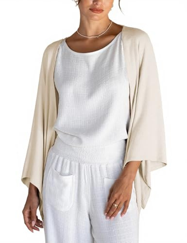Women’s Linen Cardigan Casual Open Front 3/4 Sleeve Lightweight Shawl Wrap Cover Up Top Loose Fit Poncho Shrug (Beige, M)