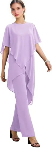 2 Pezzi Chiffon Madre della Sposa Pantaloni Abiti Formale Matrimonio Ospite Outfit Donna Dressy Pantaloni Set Plus Size, Lilla, 44