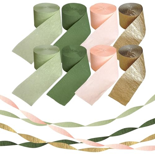 8 Rollen Krepppapier,Peach Pink Bean Green Ink Green Gold Kreppbänder Pastellfarben Luftschlangen Deko für Hochzeit,Verlobungsfeier, Geburtstagsparty Boho-Babyparty,Partydeko (4,5 cm x 25 m/Rolle)