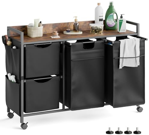 Mondeer Laundry Hamper with 4 Compartments, 150L Laundry Sorter with Wheels, Laundry Basket with Small Side Pockets Lid Pull-Out Removable Liners,for Bedroom Bathroom