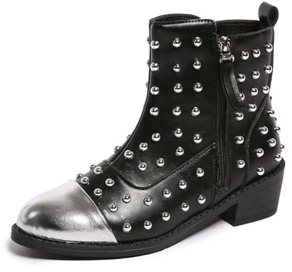 Generisch Botines con cremallera lateral 2026, tacón grueso, estilo punk rock bajo, tachuelas, diseño casual, cómodo y duradero, ideal para cualquier atuendo versátil., plata, 38 EU
