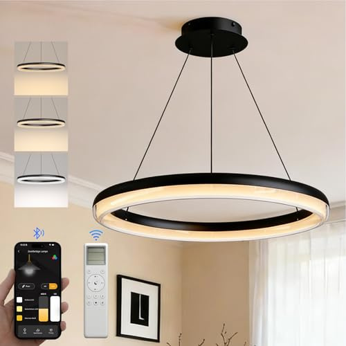 doporro Moderne LED Pendelleuchte – 45cm Dimmbare höhenverstellbar | Esszimmerlampe hängend mit App & Fernbedienung, 3000–6000K, CRI≥95, für Esstisch & Wohnraum, Luvina05, Sandschwarz