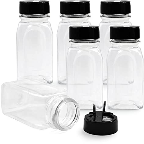 RoyalHouse 6 Pack 9.5 Oz Plastic Spice Jars with Black Cap, Clear and Safe Plastic Bottle Containers with Shaker Lids for Storing Spice, Herbs and Seasoning Powders, BPA Free, Made in USA