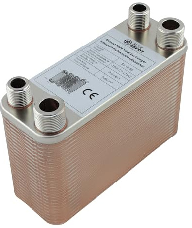 Edelstahl Plattenwärmetauscher B3-12-50 mit 2x 1/2 Zoll & 2x 3/4 Zoll Anschluss – max. 90 kW, 4 m³/h Durchfluss für Heizung, Solar, Wärmepumpe