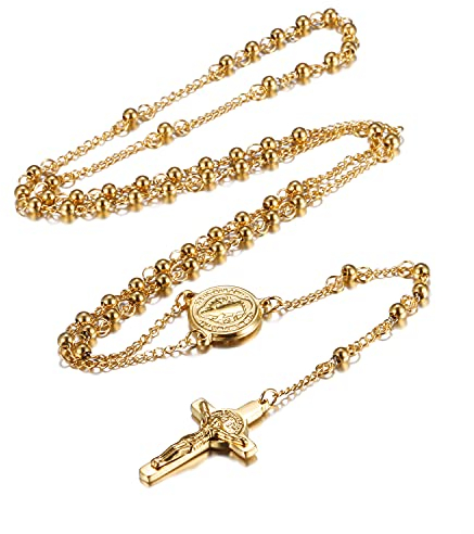 Flongo Rosenkranz Herren Anhänger Damen Kette Halskette Kette Gold Golden Jesus Christus Kruzifix Kreuz Benediktussegen Saint Benedict Maria Medal Medallion