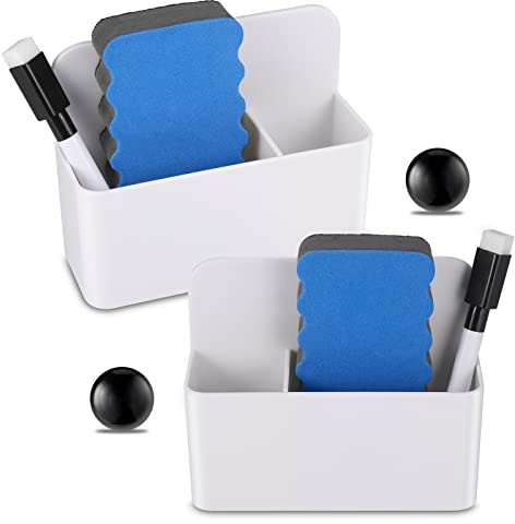 Zocipro Magnetischer Stiftehalter - 2 Stück mit 2 Marker Stiften, 2 Whiteboardschwämmen und 2 Magneten für Whiteboard, Kühlschrank, Schließfach, Büro (Weiß)