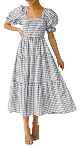 ZESICA Abito Midi da Donna in Stile Bohémien, Estivo, Scozzese, con Scollo Quadrato, Maniche a Sbuffo, Volant, da Spiaggia, Grigio, S