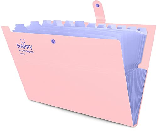 Dokumentenmappe, A4 Ordnungsmappe, Fächern Ordner, Hohe Kapazität, Erweiterbar, Leicht zu Tragen, mit Druckknopf und 12 Fächer, für Zuhause oder Büro Dokumente Papiere (Rosa)