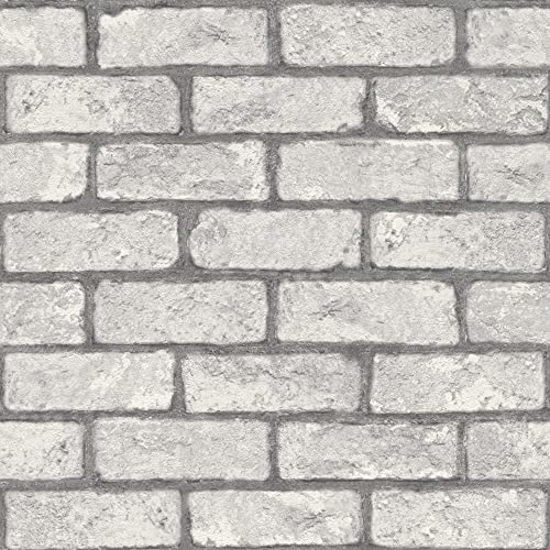 Rasch Tapete 278200 - Papiertapete mit Steinoptik, Ziegelsteine in Grau mit 3D Optik - 10,05m x 0,53m (LxB)