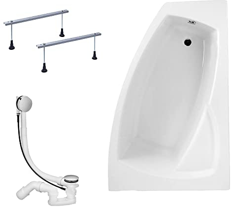 KOLMAN Badewanne FRIDA Eckbadewanne 140x90 Rechts ohne Verkleidung, Ablaufgarnitur und Füßen Komplettset 3in1 Premium Original Acryl Wanne Siphon
