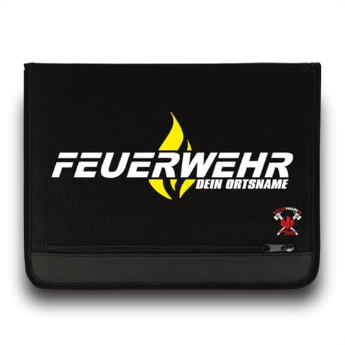 Feuerwehr Schreibmappe/FW Flamme +Ortsname/Neongelb-Weiss/Roter Hahn 112 / Einsatzorganizer auch für THW Rettungsdienst Notarzt