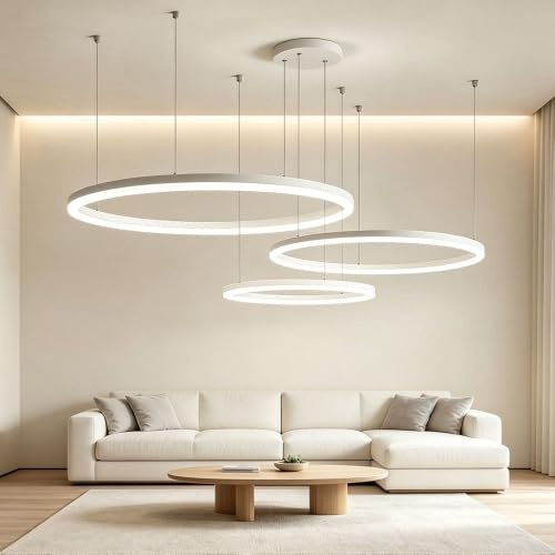 LED Pendelleuchte 3 Ringe Weiß Dimmbar Höhenverstellbar 40/60/80cm 106W | Wohnzimmer Hängelampe, 8480lm, 150cm, Fernbedienung, 3000K-6500K, Memory-Funktion, LED Hängelampe Ring Esszimmer Schlafzimmer