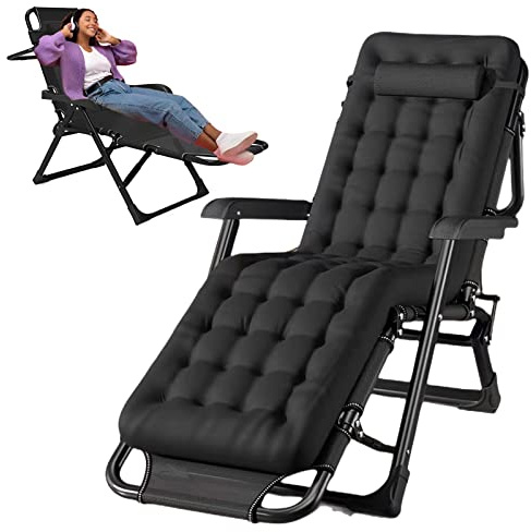 Plerile Tragbares Faltbares Campingbett, Verstellbarer 5-Positionen-Liegestuhl Mit Kissen Und Überdimensionalem Polster, Sonnenliegen Für Outdoor-Liegen (Color : Black with Mattress)