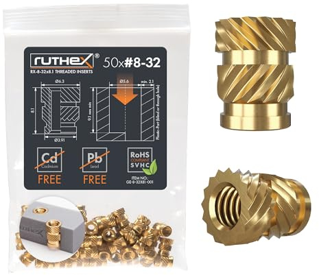 ruthex #8-32 Threaded Inserts - 50 Pieces RX-8-32x8.1 Brass Heat Set Insert for Plastic Parts - Inches UNC knurled Nuts - Insert by Heat into 3D Printing Components