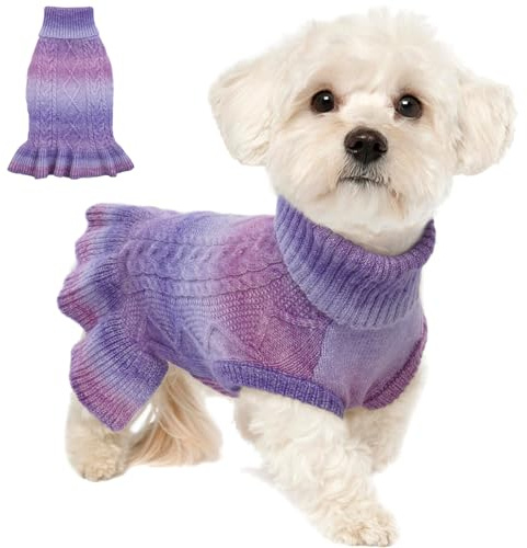 Lelepet Hundepullover, Winter Warme Hundepullover für Kleine Mittelgroße Hunde, Weiche Hundemantel Jacke, Rollragen Stickwolle Pullover Haustier Kleid Herbst Kaltes Wetter Hundeweste, Lila S