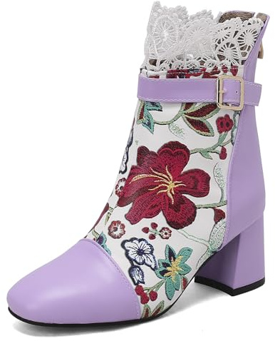 Gicoiz Women Elegant Floral Chelsea Ankle Boots Block Heel Winter Fashion Square Toe Lace Up Biker Booties Bride Warm Dress Shoes Purple Size 10.5-49