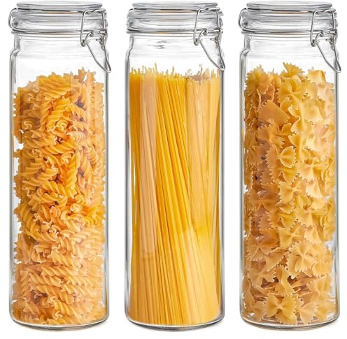 ComSaf Airtight Glass Jars Set of 3, 0.5 Gallon Food Storage Jar with Lids, Tall Spaghetti Container with Clear Preserving Seal Wire Clip Fastening, Pasta Storage Containers for Kitchen Canning