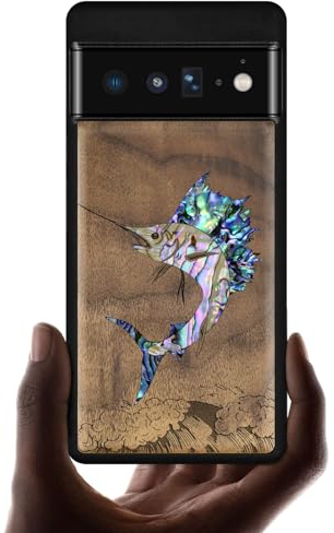Carveit Etui pour Pixel 6 Pro de Coque [Gravure en Bois et Incrustation de Coquille] Œuvre d'art Unique Compatible avec Google Pixel 6 Pro Étui (Noyer-Marlin en Plein essor)