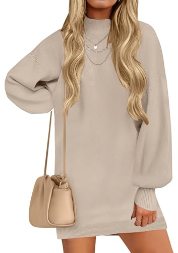 ZESICA Women's 2025 Fall Turtleneck Sweater Dress Oversized Long Lantern Sleeve Casual Knit Pullover Mini Dresses Almond Small