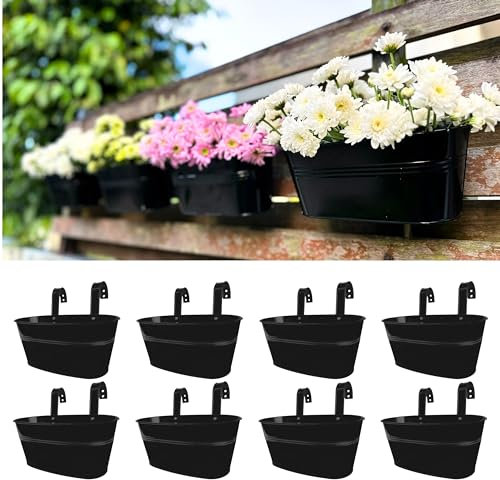 LaLaGreen Rail Planter Outdoor Plants(11.8 Inch, 8 Pack) Black Metal Iron Hanging Flower Pots Deck Railings Fence Buckets Modern Countryside Boho Style Wall Mount Window Box Plant Holder Porch Decor