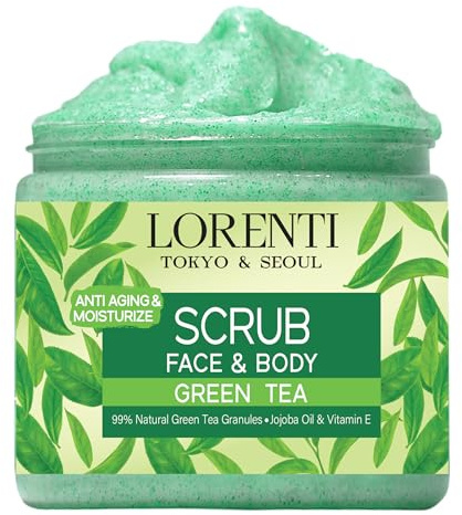 Lorenti Scrub al tè verde, 500 ml, per viso e corpo, olio di jojoba e vitamina E, anti celulite, anti invecchiamento, levigante e idrata
