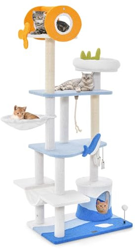 GOPLUS Arbre à Chat Multi-Niveaux avec Style Océan, Grattoir en Sisal, Boule, 3 Jouets Suspendus, Perchoir Supérieur, Centre d'Activités pour Chatons (168cm)