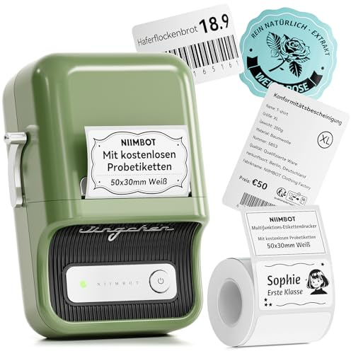 NIIMBOT B21 Etikettendrucker, Selbstklebendes Etikettiergerät Bluetooth Beschriftungsgerät Sticker Drucker Label Printer, Tragbares Label Printer für Barcode Einzelhandel Büro, Grün
