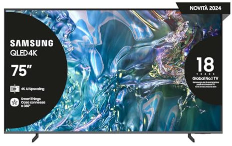 Samsung TV QE75Q64DAUXZT QLED 4K, Smart TV 75 Quantum processor Lite 4K, AirSlim, DVBT-2, Q-Symphony & OTS Lite, Integrato con Alexa e Bixby, compatibile con Google Assistant, Titan Gray 2024