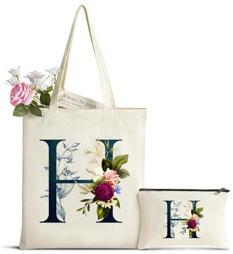 Personalisiert Initialen Canvas Tragetasche mit Kosmetiktasche, Baumwolltasche Einkaufsbeutel Damen Tote Bag, Geburtstag Weihnachten Geschenk für Patentante Mama Oma Tante, Muttertagsgeschenk(H)