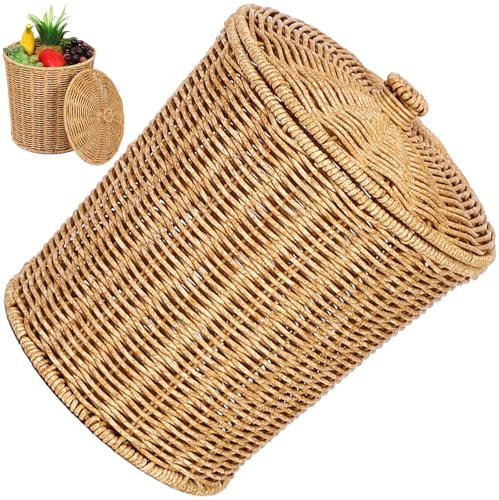 Vobumix Weidenkorb Deckel, Runder Rattan-gewebter Aufbewahrungskorb, Retro-mülltonne, Wäschekorb Für Schlafzimmer, Wohnzimmer, Büro