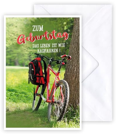 KE - 3D Pop-UP Karte zum Geburtstag, DIN B6 Geburtstagskarte inkl. weißer Umschlag, Motiv: Biker auf Fahrrad und Wegweiser