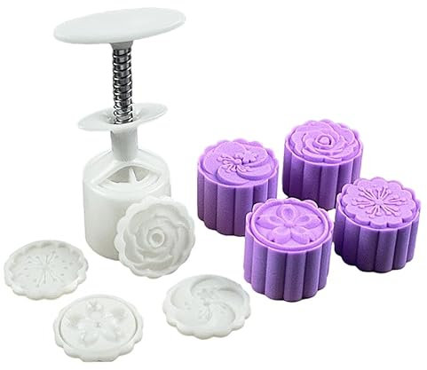 SFQEVHRZ Mooncake moulding machine， with 4 Cookie Stamps,Flower Press,Mid Autumn Festival Hand Pressure Mooncake DIY Tools for Cookies,Cutter Mold Hand Printing Fondant Dessert Mold