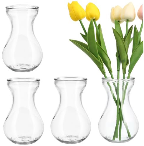 TOPPERFUN Lot De 4 Vases en Verre Transparents à Bourgeons Petits pour Centres De Table, Design Simple Fond Plat Stable, Décorations Intérieures Et Extérieures pour Bureau Et Maison