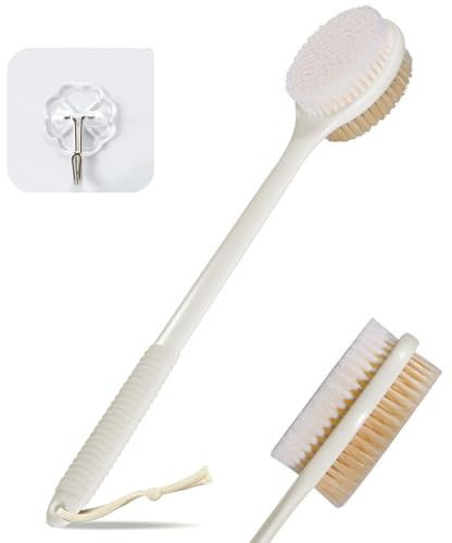 VANZAVANZU 42 cm Rückenbürste mit langem, rutschfestem Griff – Doppelseitige Duschbürste für nasse und trockene Anwendung, natürliche Borsten, Peelingbürste gegen Cellulite (Elfenbeinweiß, 1 Stück)