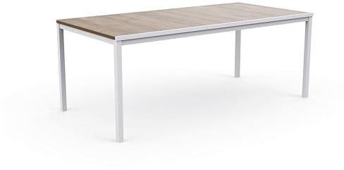 Keter Porto Tavolo da Pranzo Esterno per Giardino e Terrazza, 200x95x75H cm, Adatto per 8 Persone, Piano in Finitura Effetto Legno, Struttura in Metallo Bianca